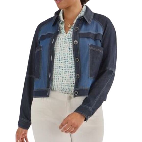 CABI Women’s Composition Mixed Denim Button Front Jacket size large - Picture 1 of 6